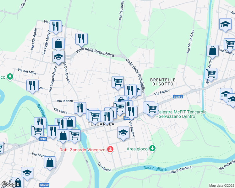 map of restaurants, bars, coffee shops, grocery stores, and more near 18 Via Redipuglia in Selvazzano Dentro