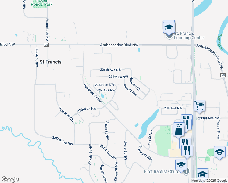 map of restaurants, bars, coffee shops, grocery stores, and more near 4128 234th Avenue Northwest in Saint Francis