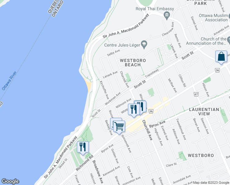 map of restaurants, bars, coffee shops, grocery stores, and more near 309 Atlantis Avenue in Ottawa