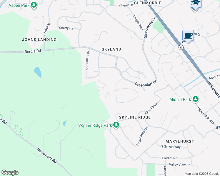 map of restaurants, bars, coffee shops, grocery stores, and more near 1186 Crestline Court in Lake Oswego