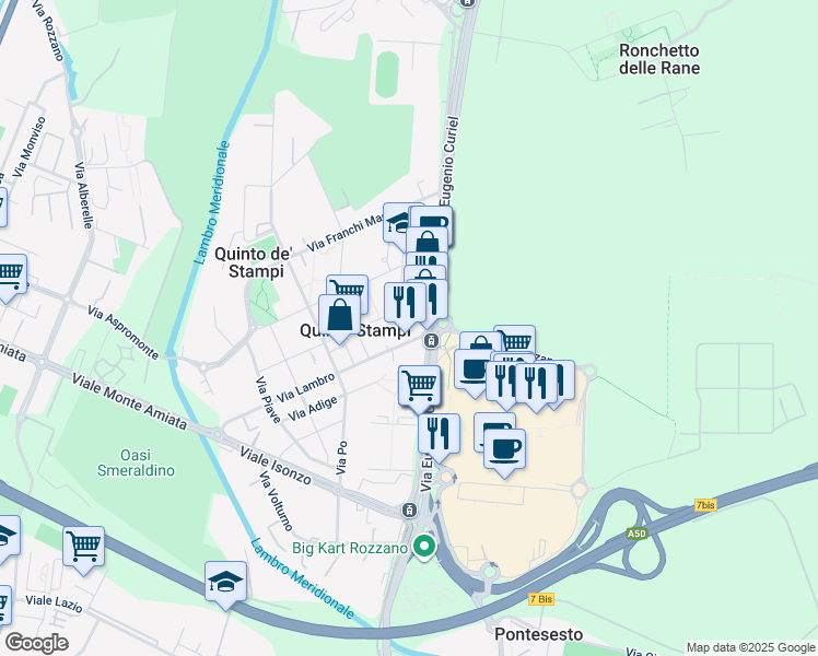 map of restaurants, bars, coffee shops, grocery stores, and more near 100 Via Eugenio Curiel in Rozzano