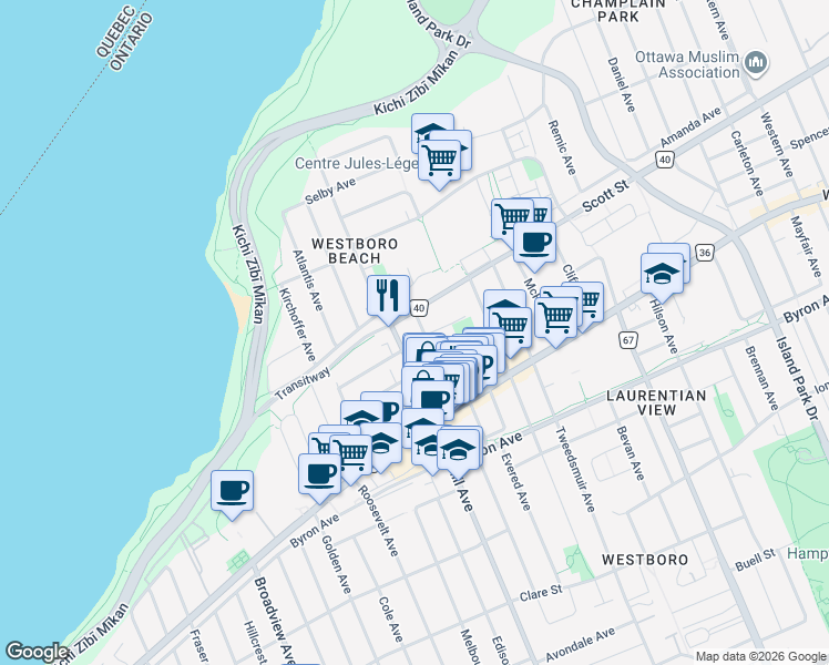 map of restaurants, bars, coffee shops, grocery stores, and more near 330 Winona Avenue in Ottawa