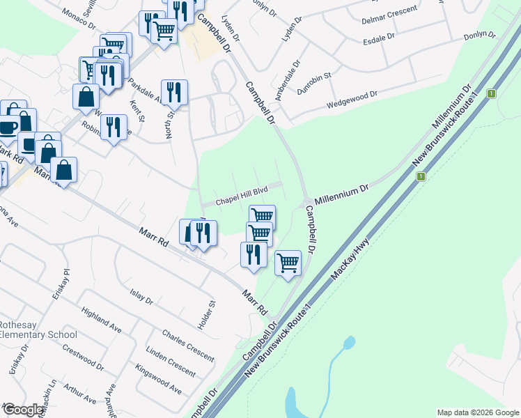 map of restaurants, bars, coffee shops, grocery stores, and more near 10 Devonayer Court in Rothesay