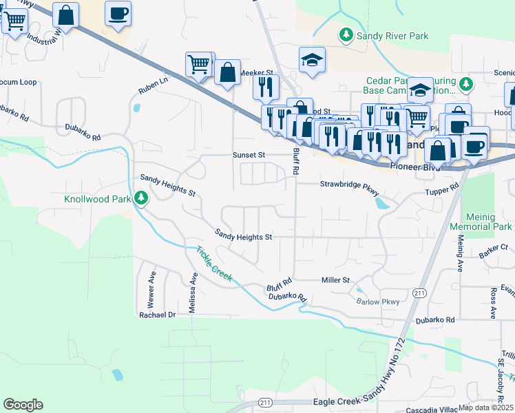 map of restaurants, bars, coffee shops, grocery stores, and more near 17816 Southeast Sue Lane in Sandy
