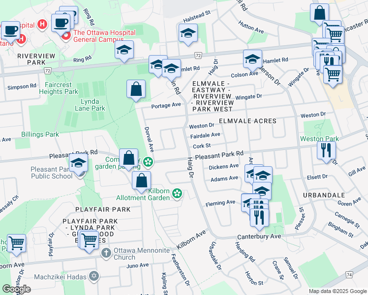 map of restaurants, bars, coffee shops, grocery stores, and more near in Ottawa