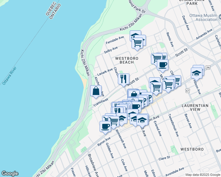 map of restaurants, bars, coffee shops, grocery stores, and more near 309 Atlantis Avenue in Ottawa