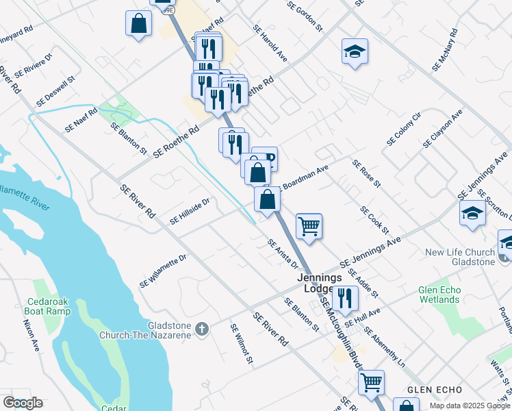 map of restaurants, bars, coffee shops, grocery stores, and more near in Jennings Lodge