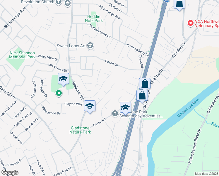 map of restaurants, bars, coffee shops, grocery stores, and more near 7615 Ridgewood Drive in Gladstone