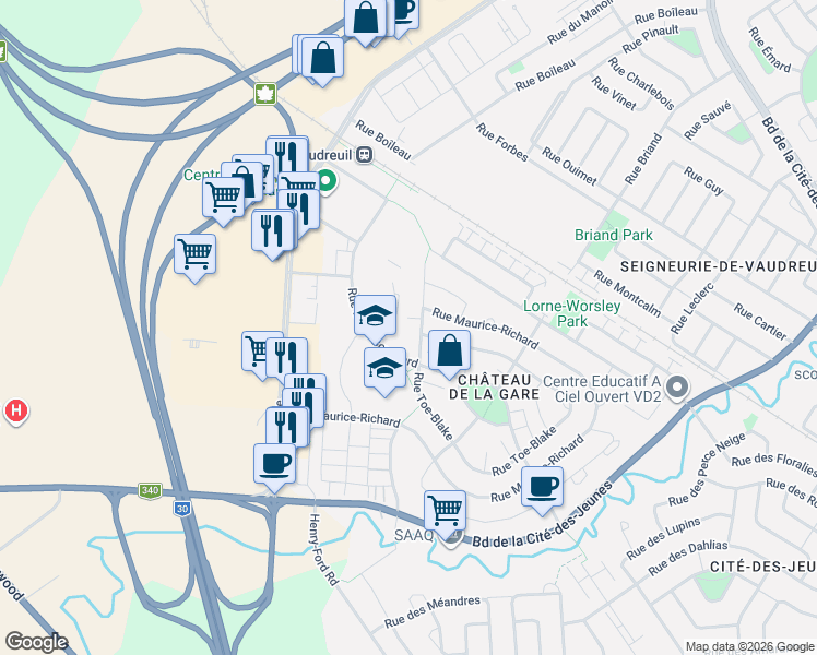 map of restaurants, bars, coffee shops, grocery stores, and more near 80 Rue Toe-Blake in Vaudreuil-Dorion