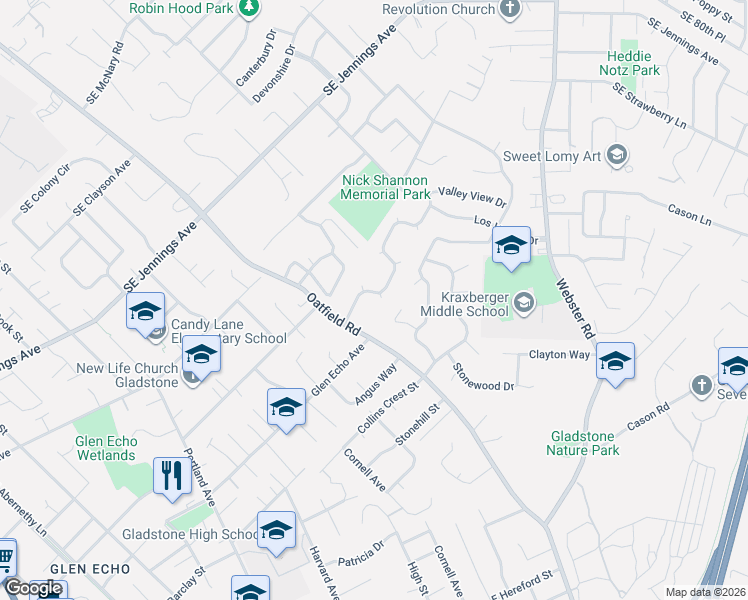 map of restaurants, bars, coffee shops, grocery stores, and more near 6640 Park Way in Gladstone