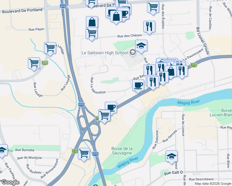 map of restaurants, bars, coffee shops, grocery stores, and more near 3390 Rue La Vérendrye in Sherbrooke