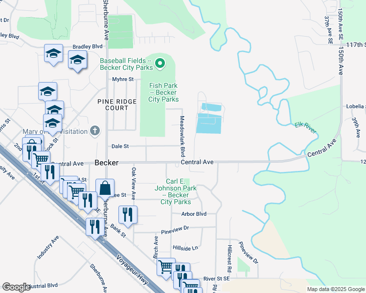 map of restaurants, bars, coffee shops, grocery stores, and more near 12105 Meadowlark Boulevard in Becker