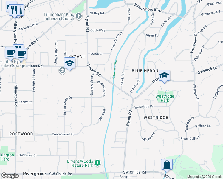 map of restaurants, bars, coffee shops, grocery stores, and more near 4260 Woodside Circle in Lake Oswego
