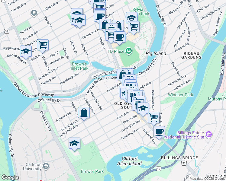 map of restaurants, bars, coffee shops, grocery stores, and more near 28 Aylmer Avenue in Ottawa