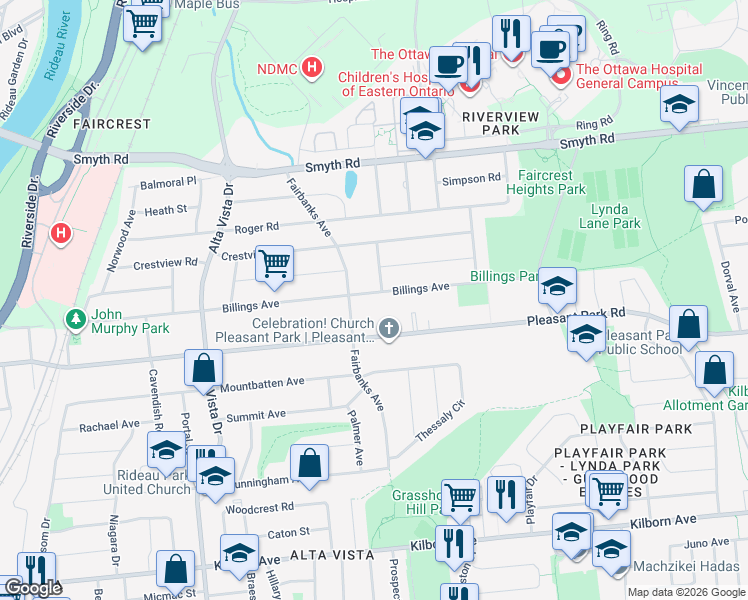 map of restaurants, bars, coffee shops, grocery stores, and more near 386 Billings Avenue in Ottawa