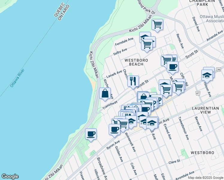 map of restaurants, bars, coffee shops, grocery stores, and more near in Ottawa