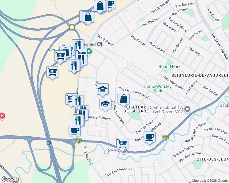 map of restaurants, bars, coffee shops, grocery stores, and more near 70 Rue Toe-Blake in Vaudreuil-Dorion