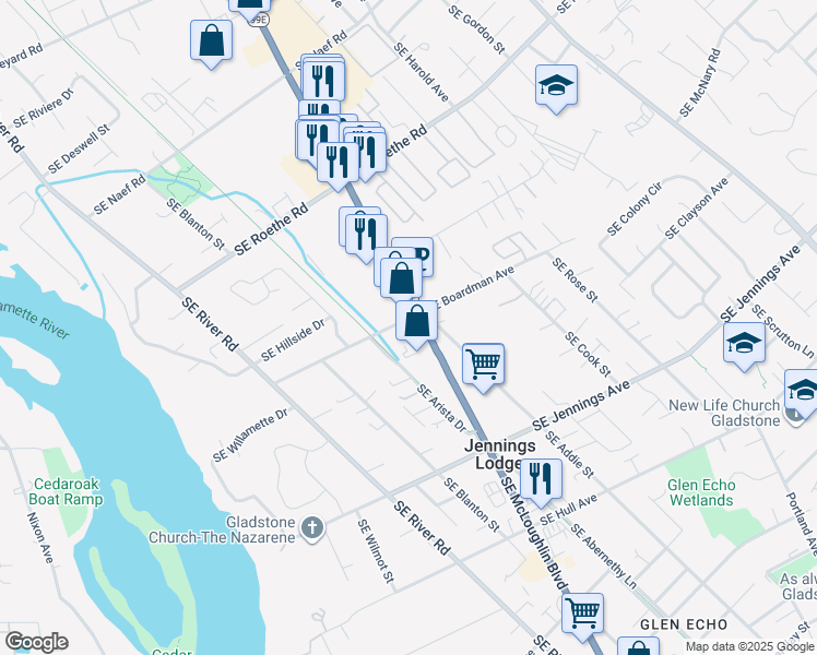 map of restaurants, bars, coffee shops, grocery stores, and more near in Jennings Lodge