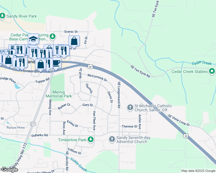 map of restaurants, bars, coffee shops, grocery stores, and more near 40025 Davis Street in Sandy