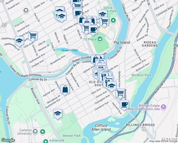 map of restaurants, bars, coffee shops, grocery stores, and more near 26 Aylmer Avenue in Ottawa