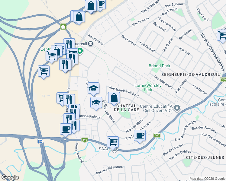 map of restaurants, bars, coffee shops, grocery stores, and more near 373 Rue Maurice-Richard in Vaudreuil-Dorion