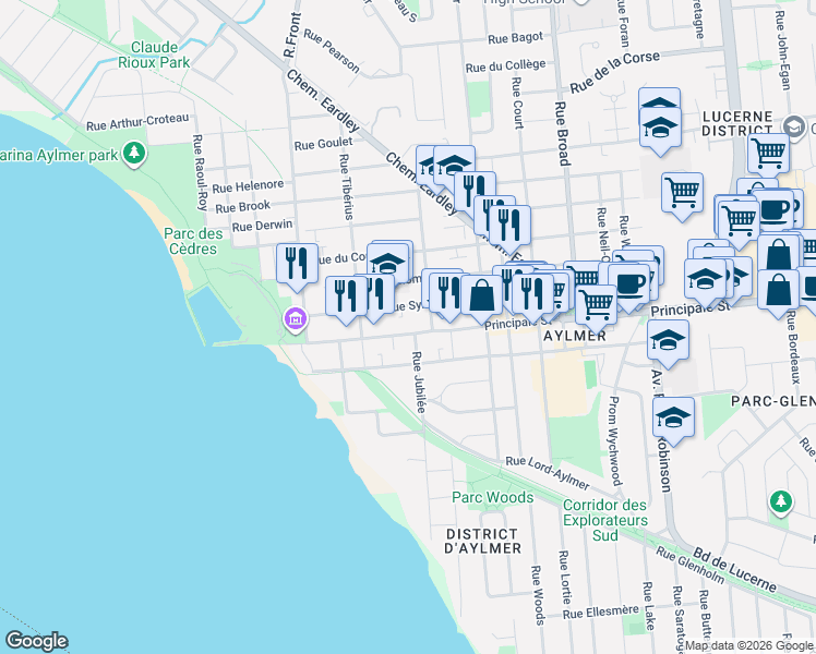 map of restaurants, bars, coffee shops, grocery stores, and more near 43 Rue Principale in Gatineau