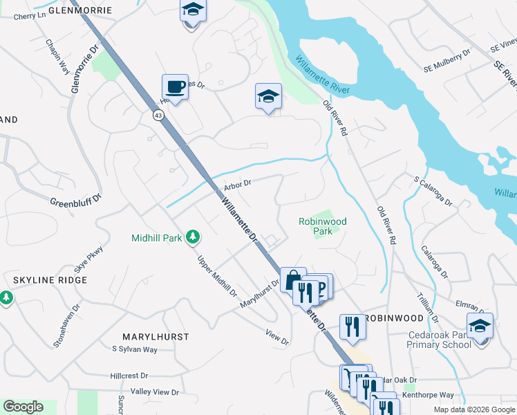 map of restaurants, bars, coffee shops, grocery stores, and more near 2636 Maria Court in West Linn
