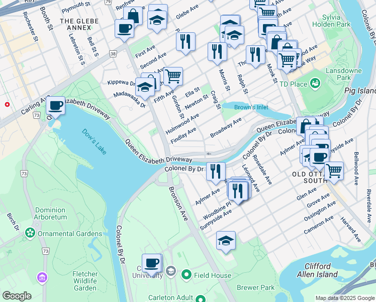 map of restaurants, bars, coffee shops, grocery stores, and more near 592 Queen Elizabeth Driveway in Ottawa