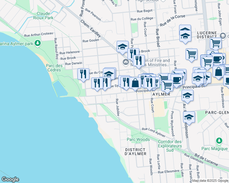 map of restaurants, bars, coffee shops, grocery stores, and more near 43 Rue Principale in Gatineau