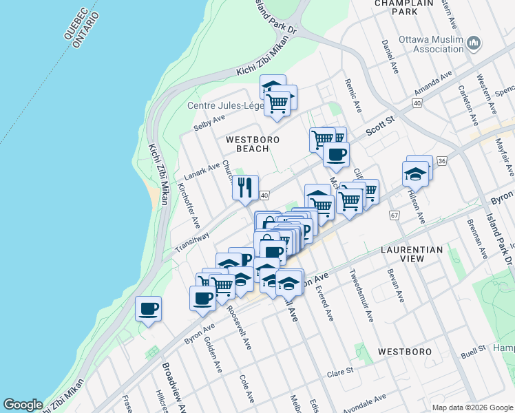 map of restaurants, bars, coffee shops, grocery stores, and more near 2070 Scott Street in Ottawa