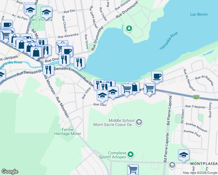 map of restaurants, bars, coffee shops, grocery stores, and more near 19 Place du Lac in Granby