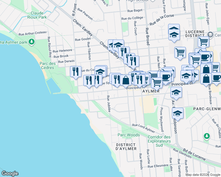 map of restaurants, bars, coffee shops, grocery stores, and more near 49 Rue Principale in Gatineau