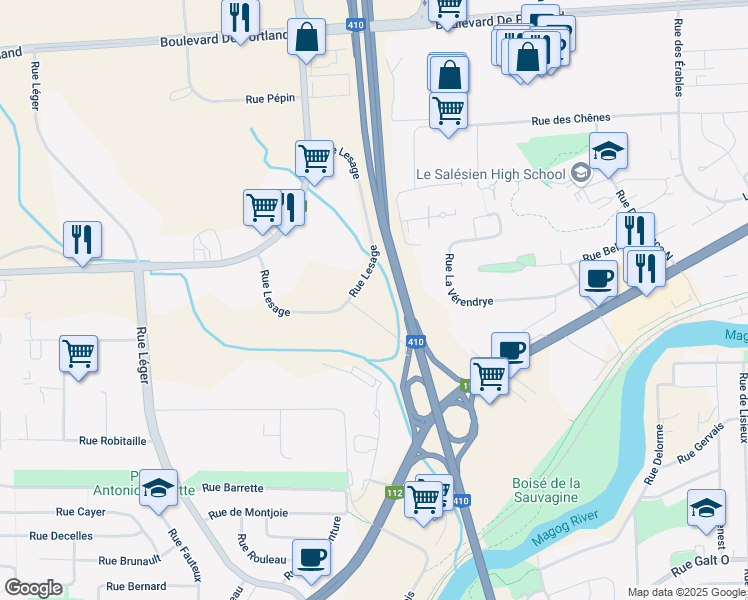 map of restaurants, bars, coffee shops, grocery stores, and more near 4050 Rue Lesage in Sherbrooke