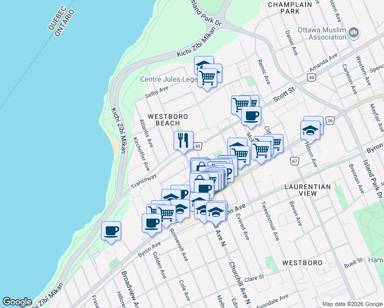 map of restaurants, bars, coffee shops, grocery stores, and more near 2070 Scott Street in Ottawa