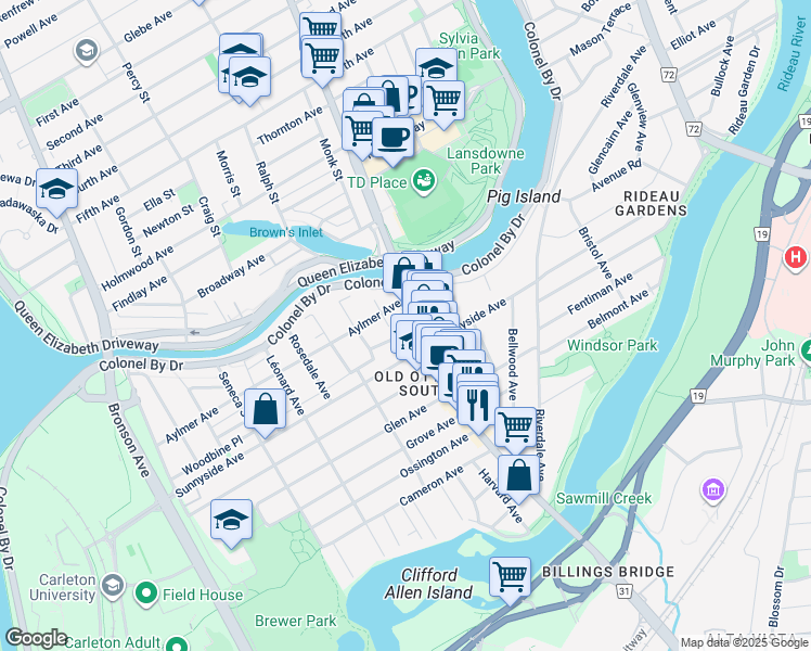 map of restaurants, bars, coffee shops, grocery stores, and more near 1063 Bank Street in Ottawa