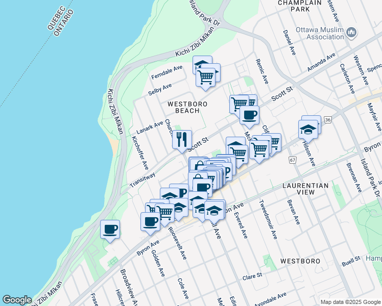 map of restaurants, bars, coffee shops, grocery stores, and more near in Ottawa