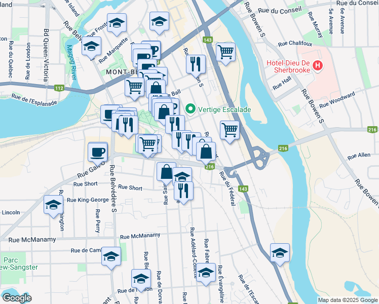 map of restaurants, bars, coffee shops, grocery stores, and more near 411 Ruelle Auger in Sherbrooke