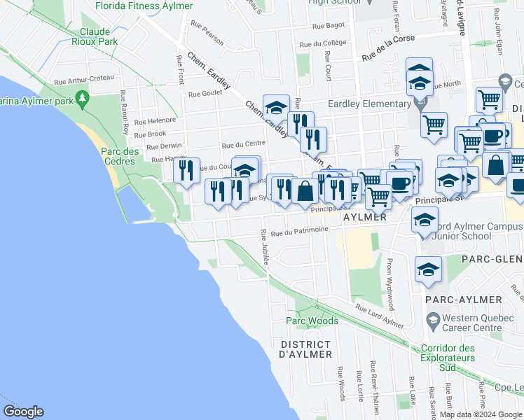 map of restaurants, bars, coffee shops, grocery stores, and more near 45 Rue Principale in Gatineau