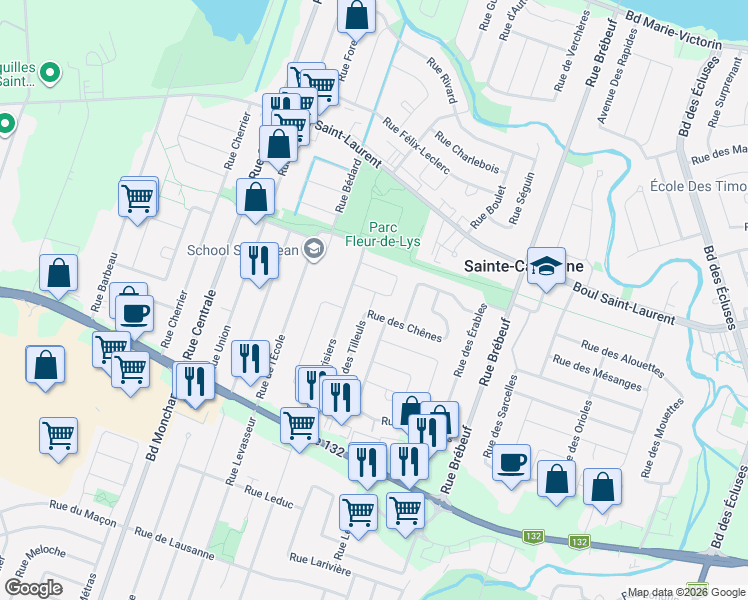 map of restaurants, bars, coffee shops, grocery stores, and more near 5225 Croissant des Pins in Sainte-Catherine