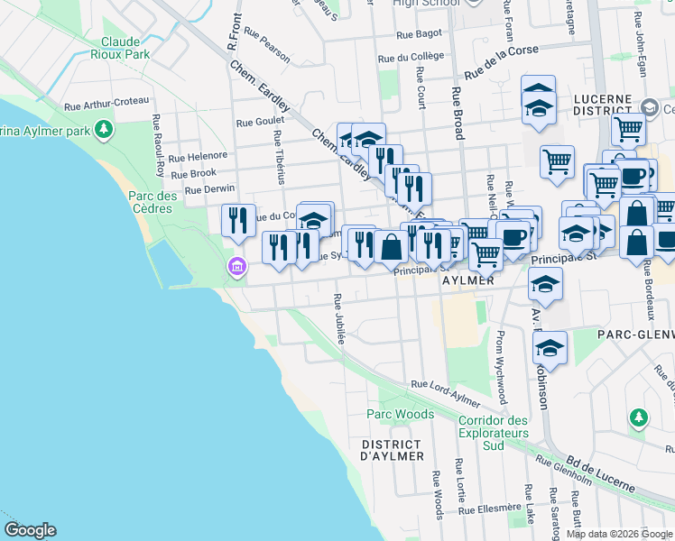 map of restaurants, bars, coffee shops, grocery stores, and more near 49 Rue Principale in Gatineau
