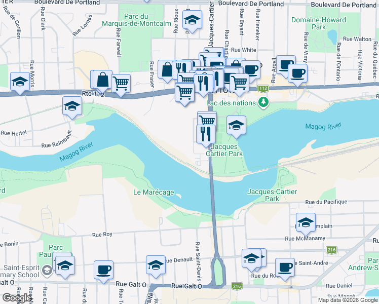 map of restaurants, bars, coffee shops, grocery stores, and more near 255 Rue Bellevue in Sherbrooke