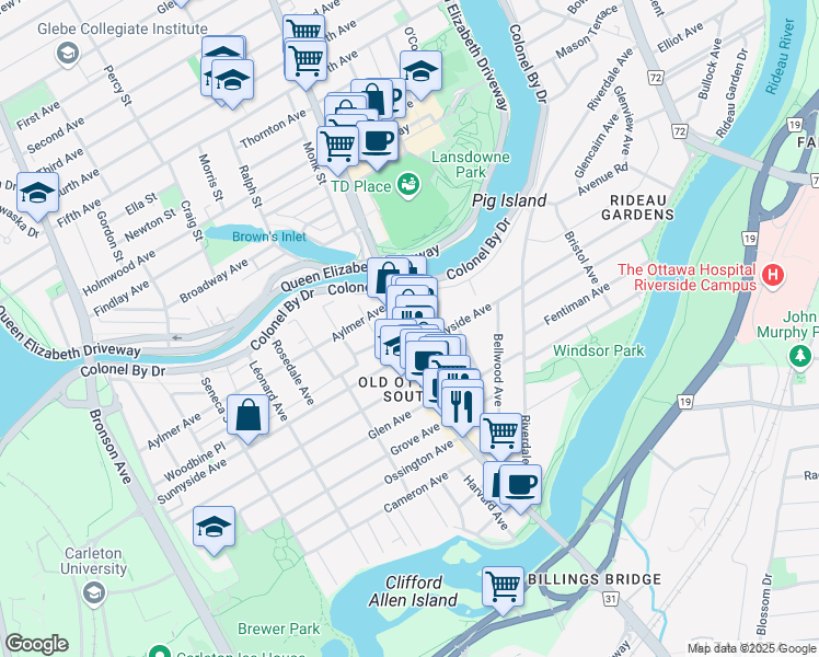 map of restaurants, bars, coffee shops, grocery stores, and more near 1063 Bank Street in Ottawa