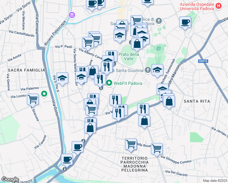 map of restaurants, bars, coffee shops, grocery stores, and more near 3 Via Giosuè Carducci in Padova