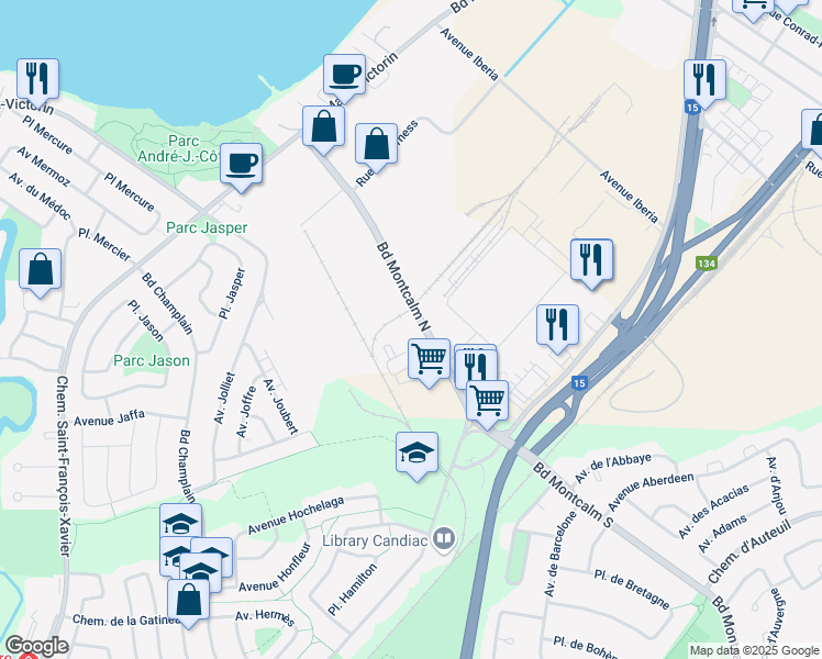 map of restaurants, bars, coffee shops, grocery stores, and more near 100 Boulevard Montcalm Nord in Candiac