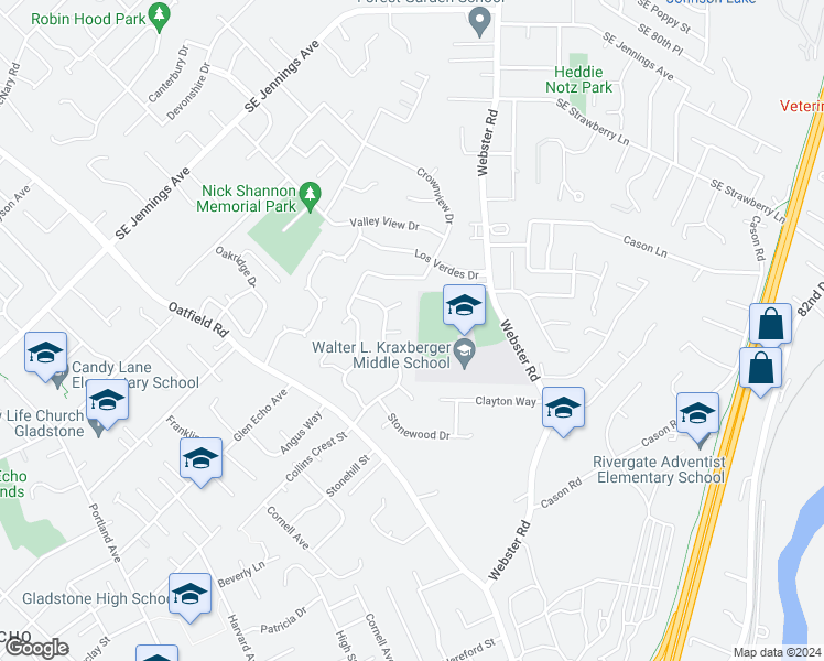 map of restaurants, bars, coffee shops, grocery stores, and more near 18130 Ridgegate Court in Gladstone