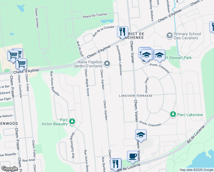 map of restaurants, bars, coffee shops, grocery stores, and more near 58 Chemin Garden in Gatineau