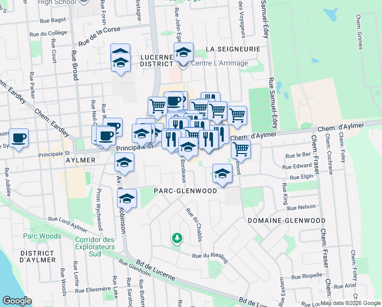 map of restaurants, bars, coffee shops, grocery stores, and more near 200 Principale Street in Gatineau