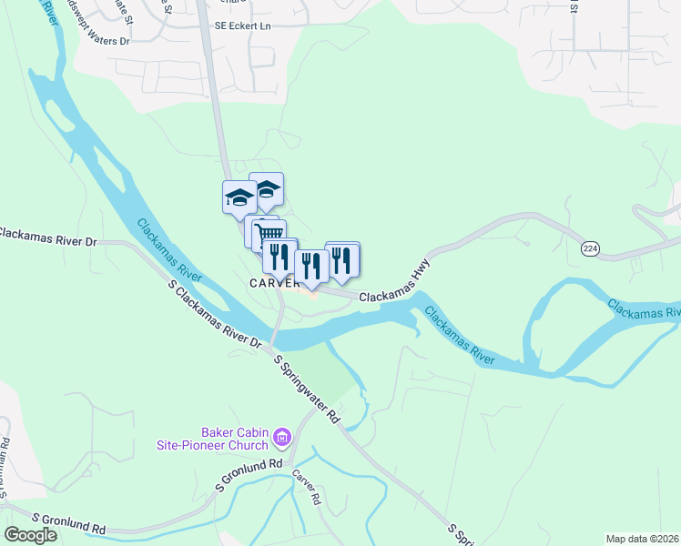 map of restaurants, bars, coffee shops, grocery stores, and more near 16400 Oregon 224 in Damascus