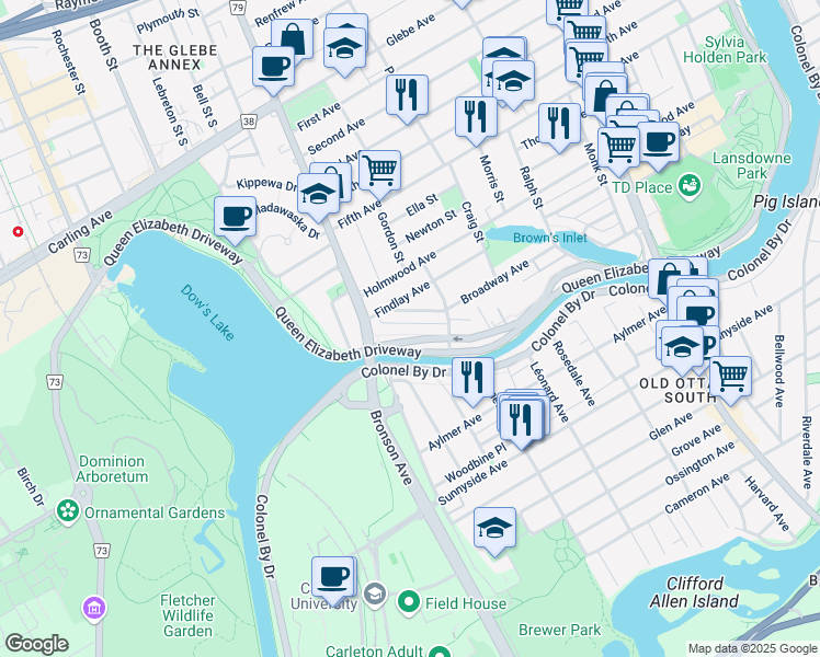 map of restaurants, bars, coffee shops, grocery stores, and more near 592 Queen Elizabeth Driveway in Ottawa