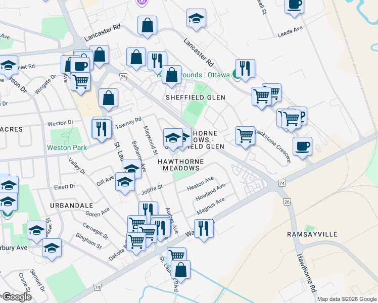 map of restaurants, bars, coffee shops, grocery stores, and more near 2485 Dwight Crescent in Ottawa
